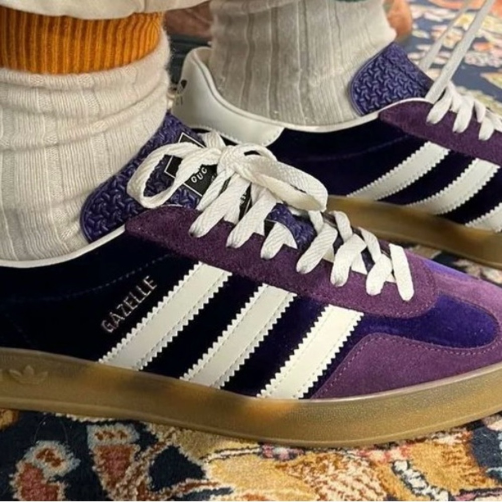 Adidas Gazelle Purple and White Gucci shoes